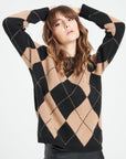 Pure Cashmere Jacquard Pattern Round Neck Sweater w/Two-Tone (Mia 12)