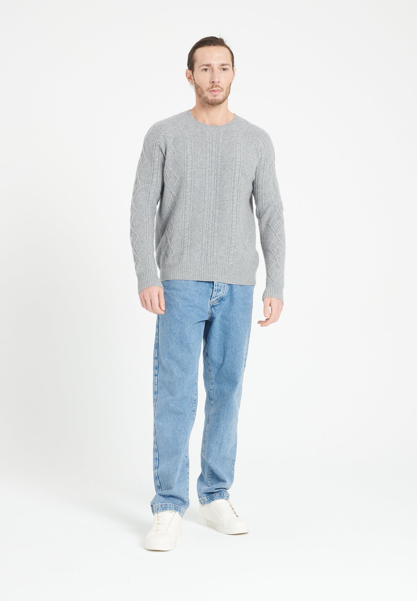 Pure Cashmere 6 ply Round Neck Sweater w/Cable Knit (Zach 1)
