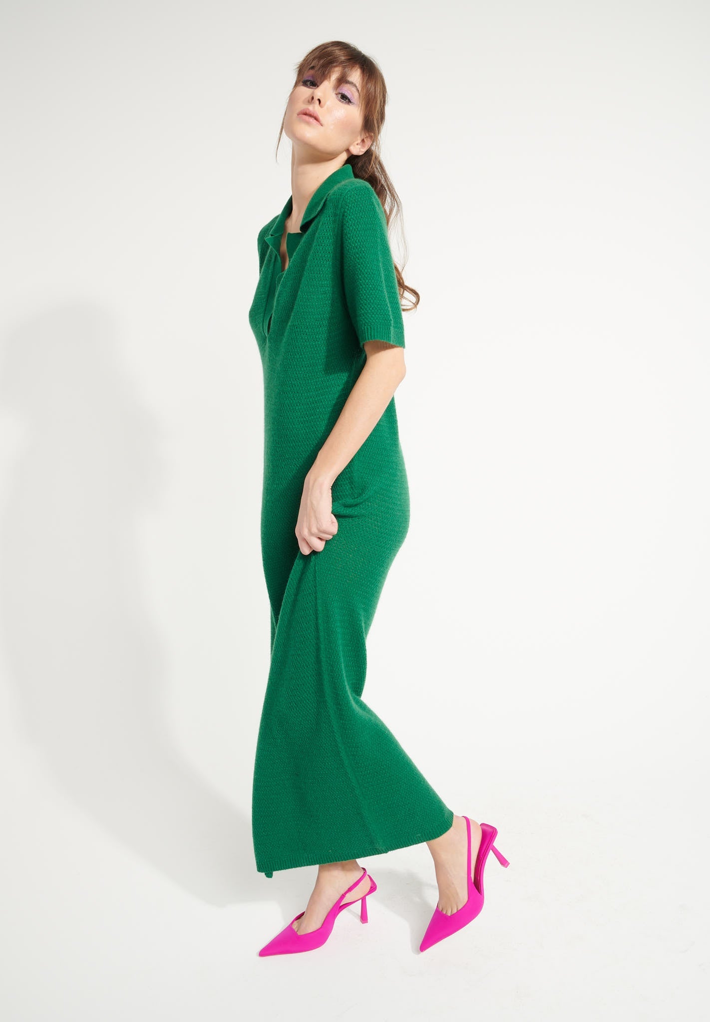 Pure Cashmere Polo Neck Long Dress w/ Pointelle Knit (Ava 18)