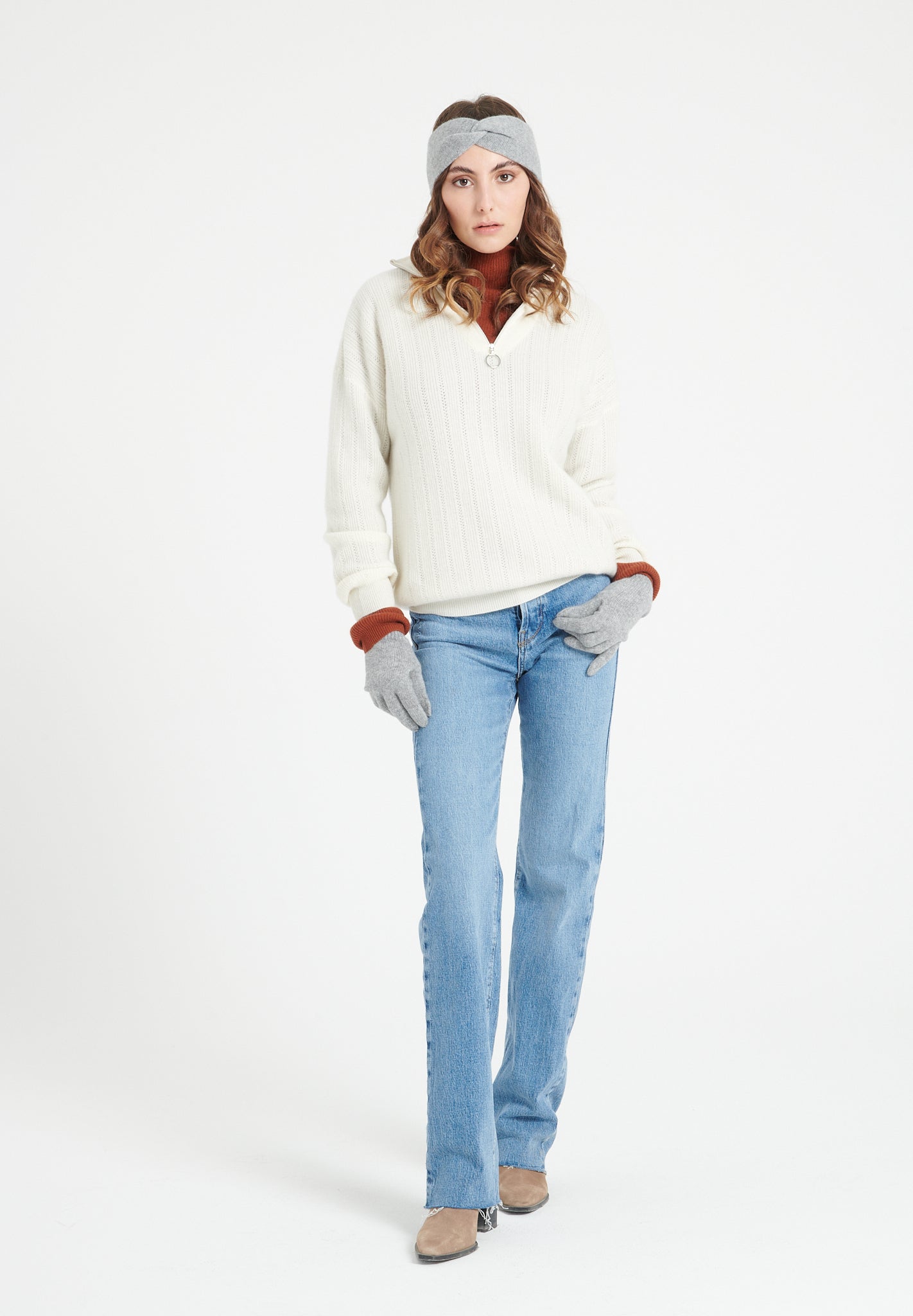 Pure Cashmere Rib Knit Funnel Neck Sweater w/Zip (Lilly 28)