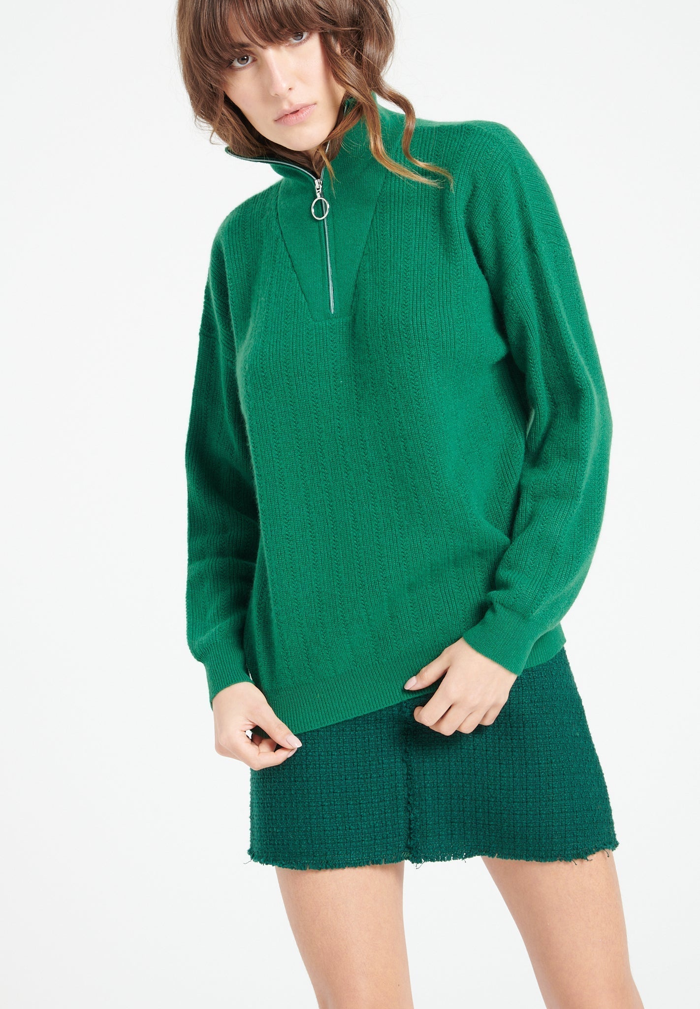 Pure Cashmere Rib Knit Funnel Neck Sweater w/Zip (Lilly 28)