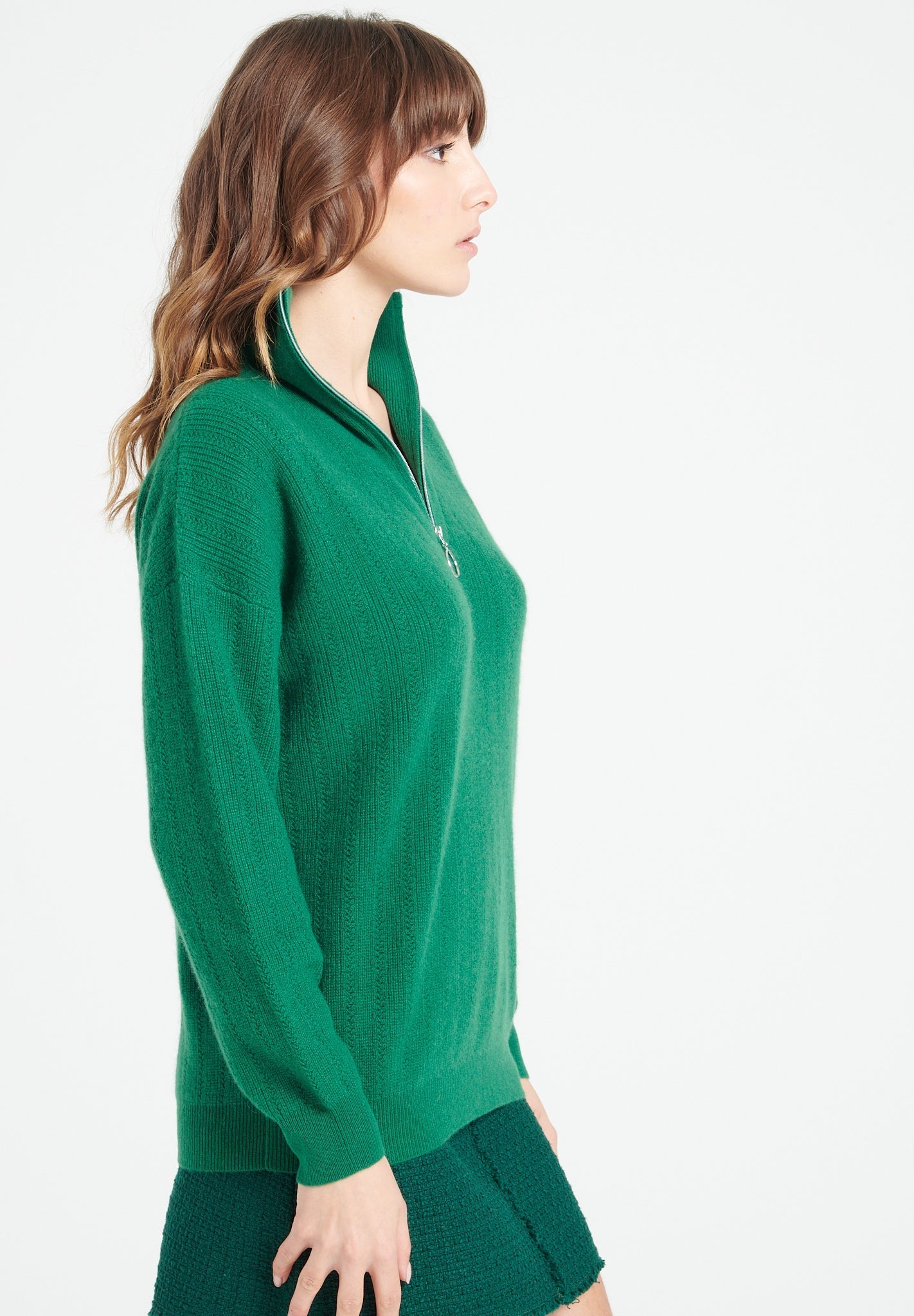 Pure Cashmere Rib Knit Funnel Neck Sweater w/Zip (Lilly 28)