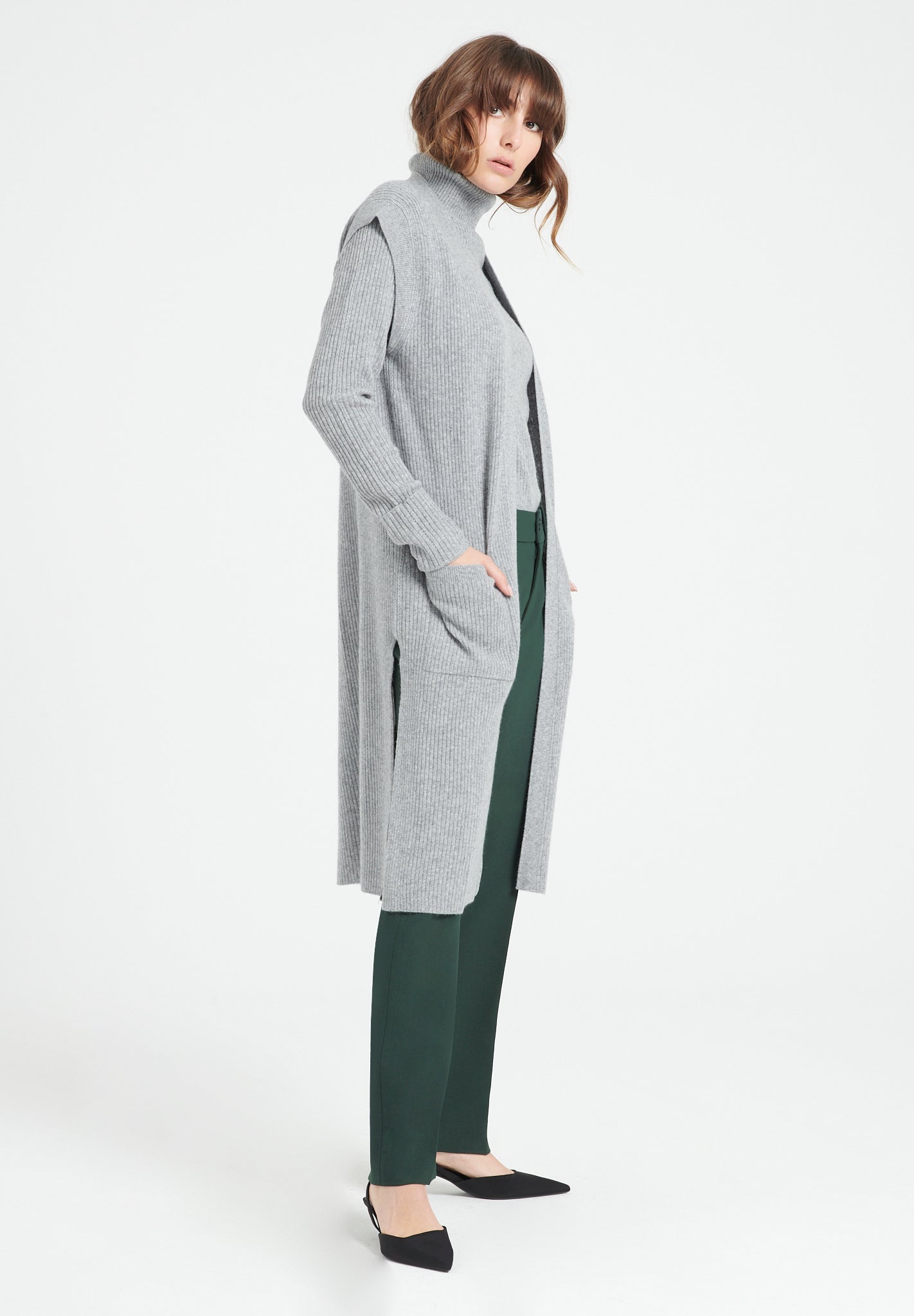 Pure Cashmere Long Sleeveless Ribbed Cardigan (Mia 6)
