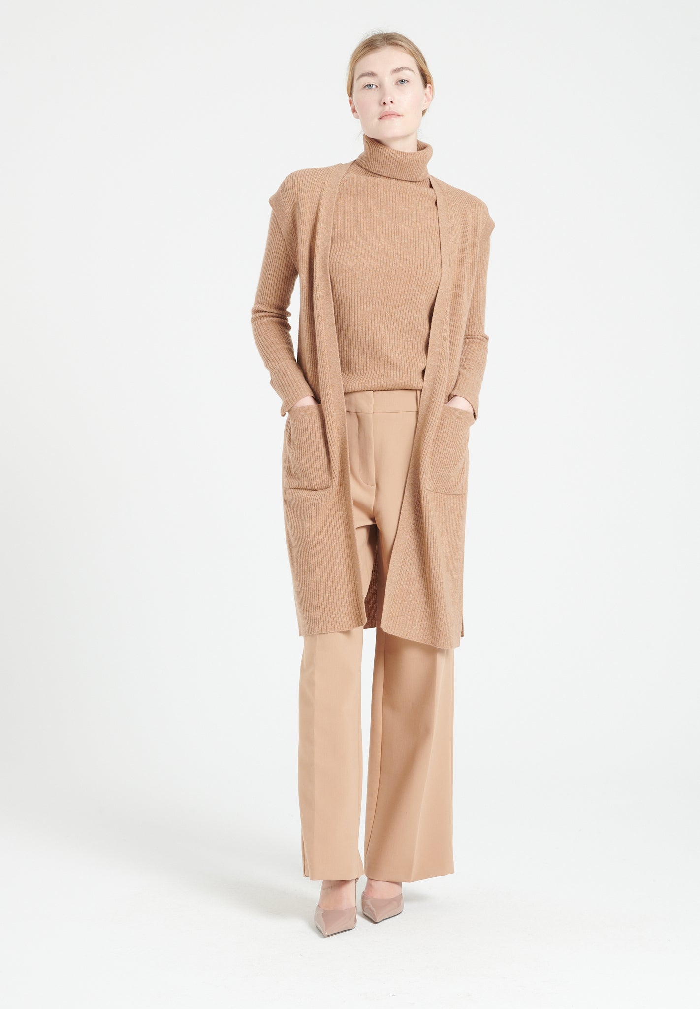 Pure Cashmere Long Sleeveless Ribbed Cardigan (Mia 6)