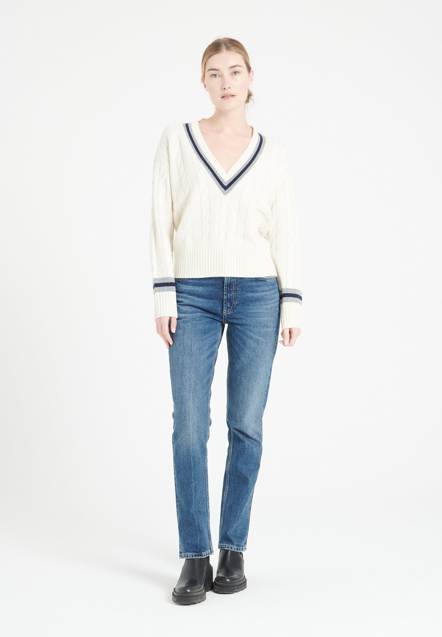 Pure Cashmere 6 ply Cable Knit V-Neck Sweater (Mia 10)