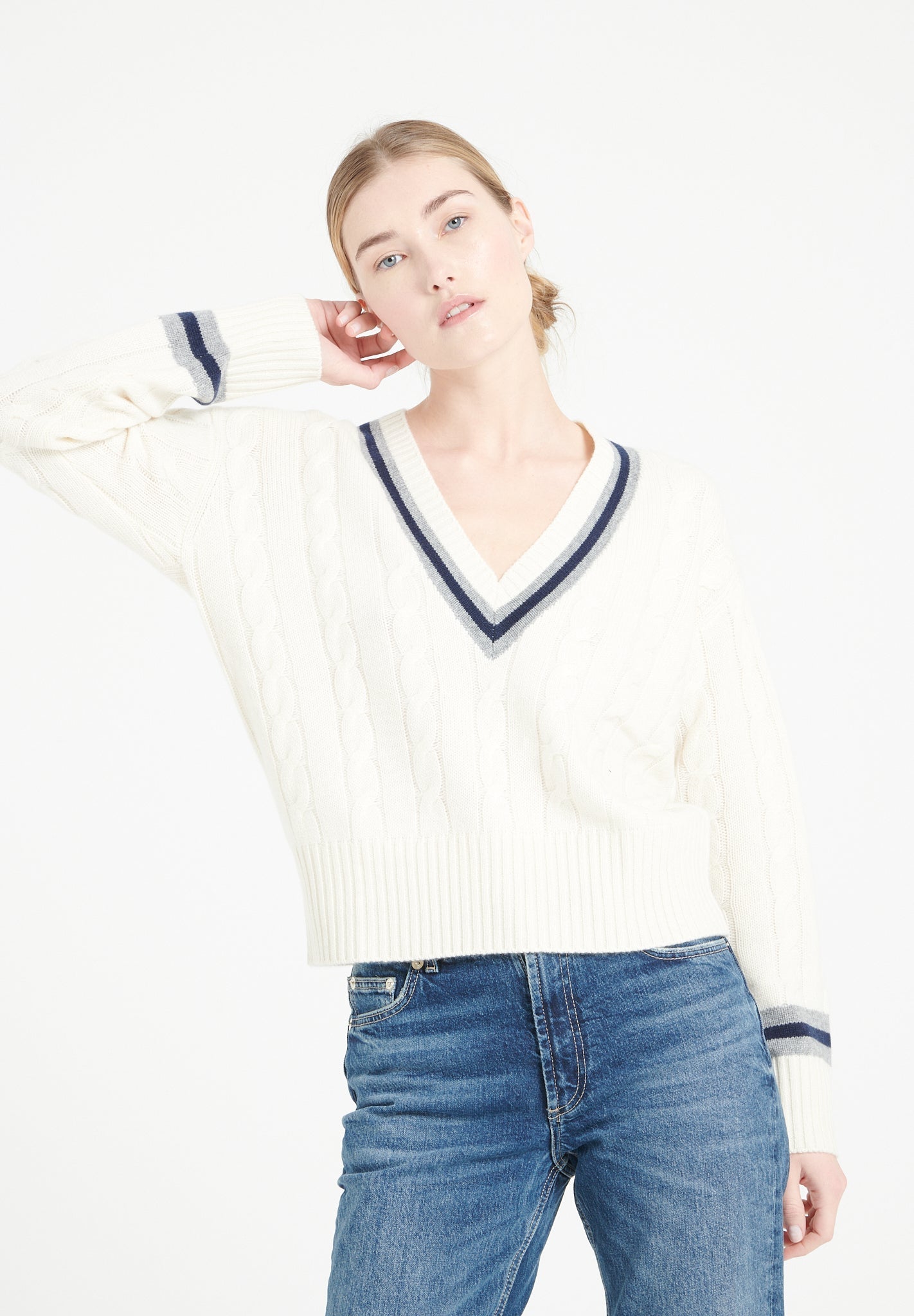 Pure Cashmere 6 ply Cable Knit V-Neck Sweater (Mia 10)