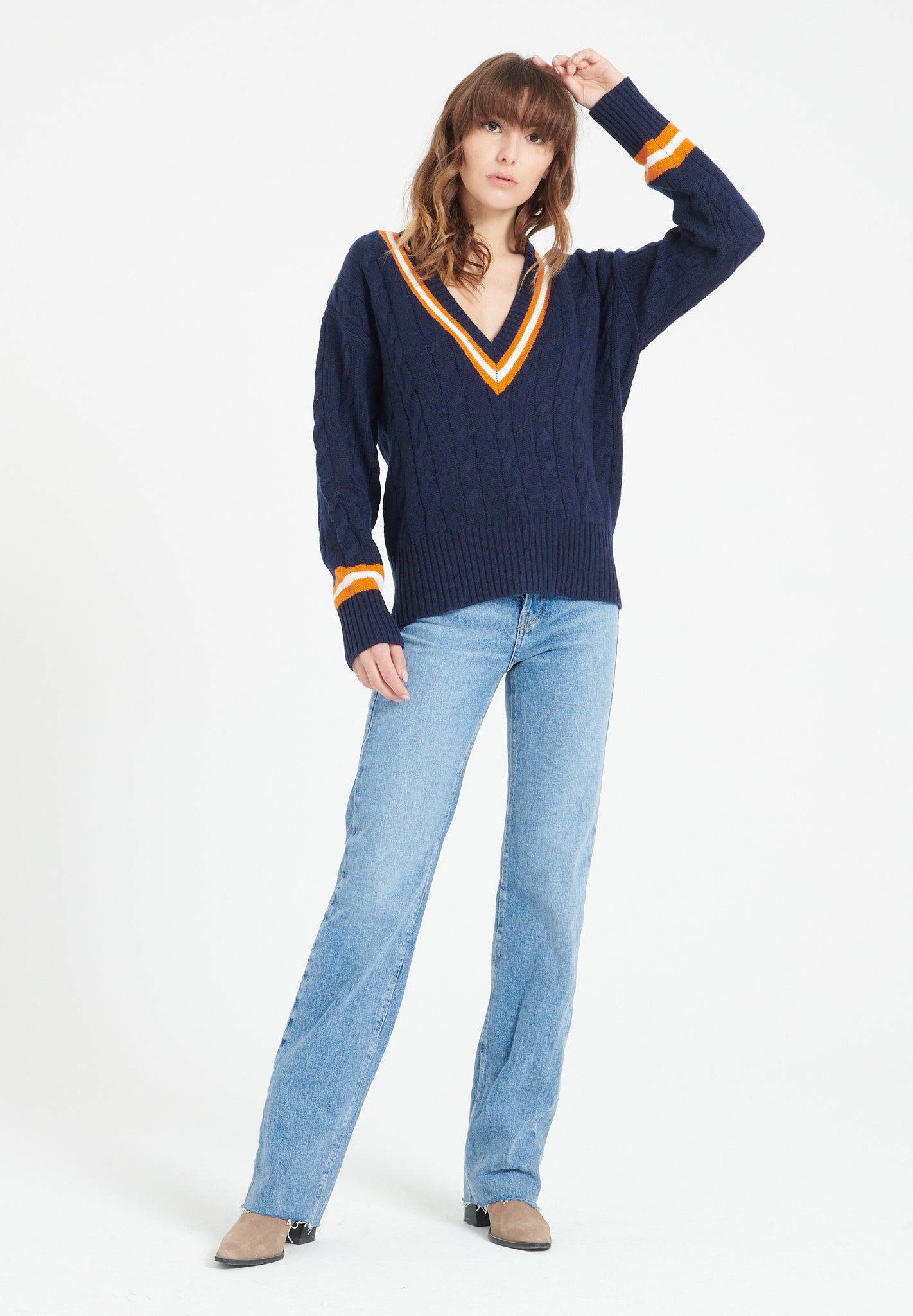 Pure Cashmere 6 ply Cable Knit V-Neck Sweater (Mia 10)