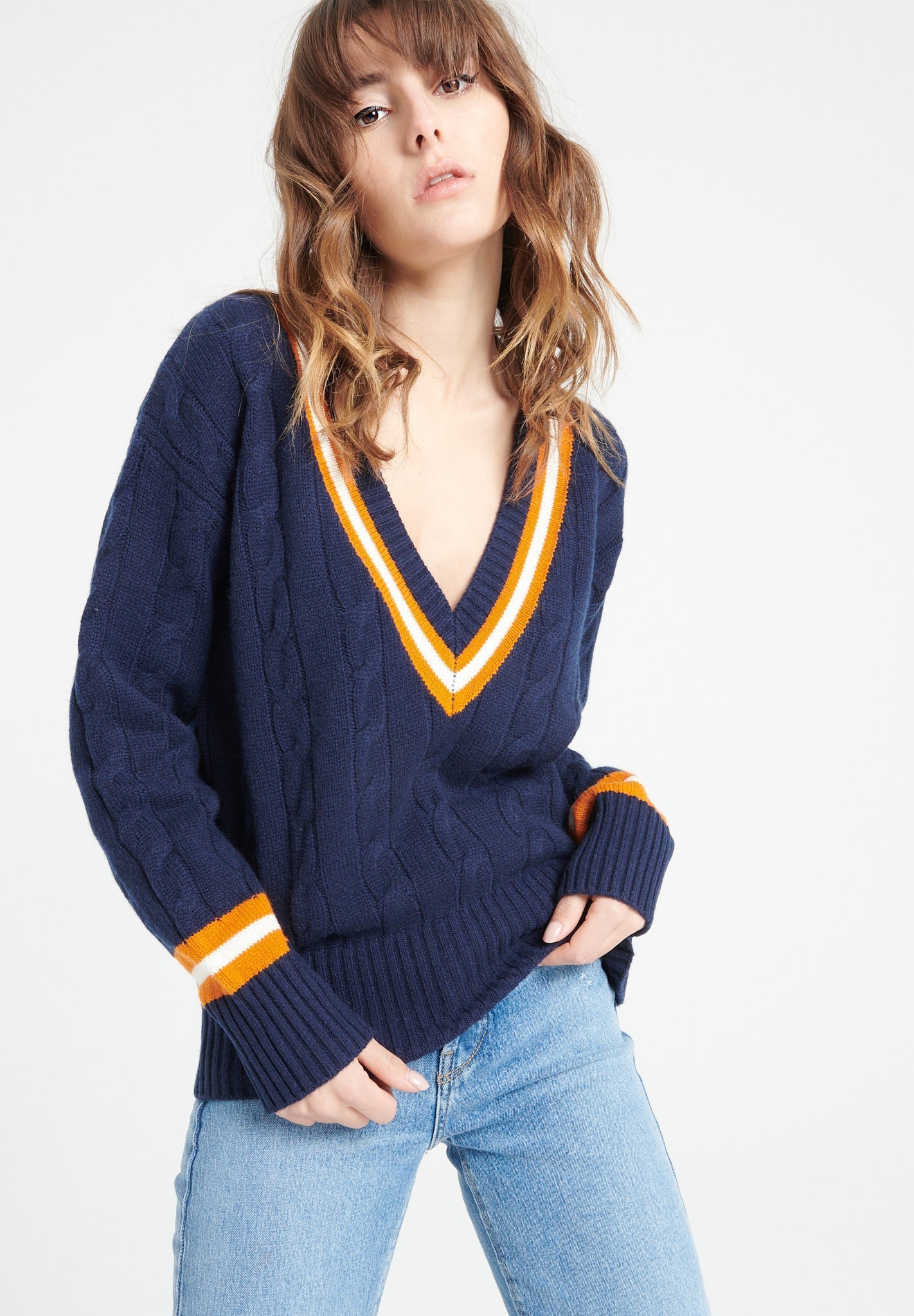 Pure Cashmere 6 ply Cable Knit V-Neck Sweater (Mia 10)