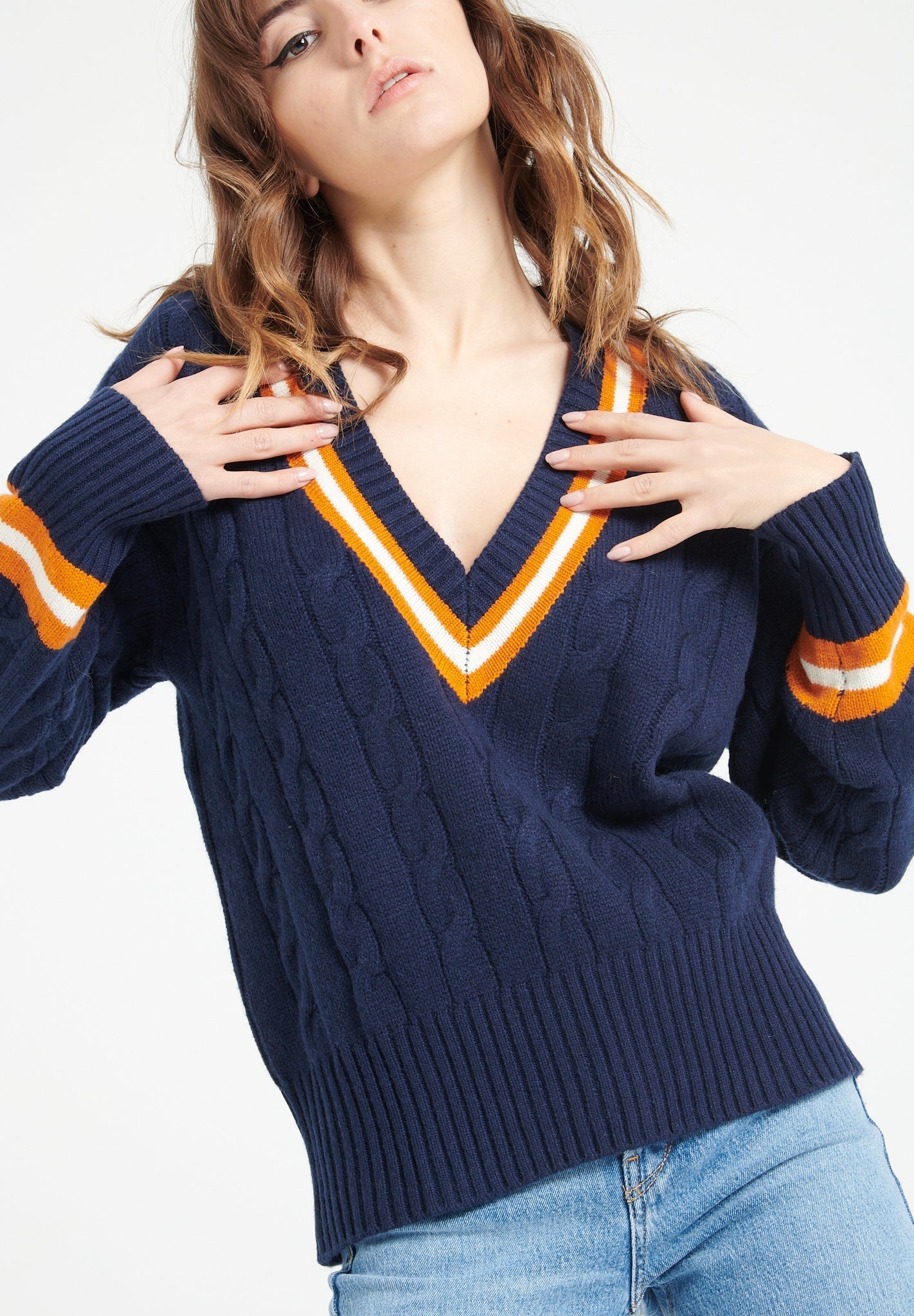 Pure Cashmere 6 ply Cable Knit V-Neck Sweater (Mia 10)