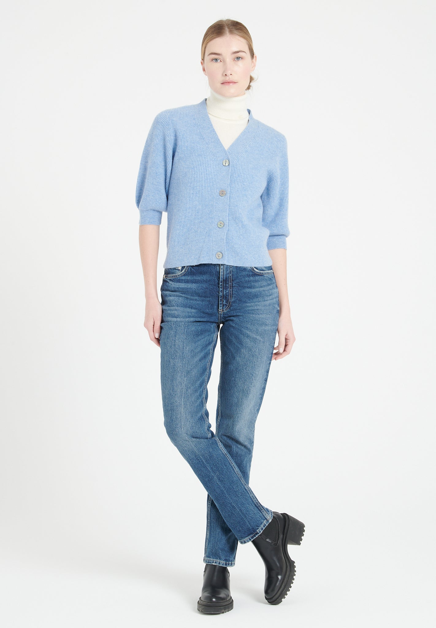 Pure Cashmere 2 ply Short Sleeve V-Neck Cardigan w/Ribbed Stitching (Mia 13)