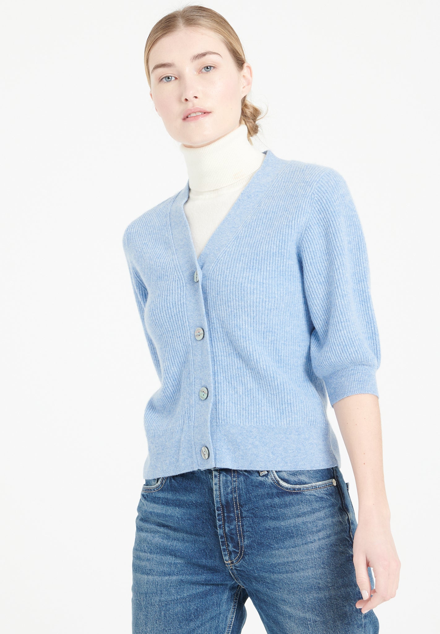 Pure Cashmere 2 ply Short Sleeve V-Neck Cardigan w/Ribbed Stitching (Mia 13)
