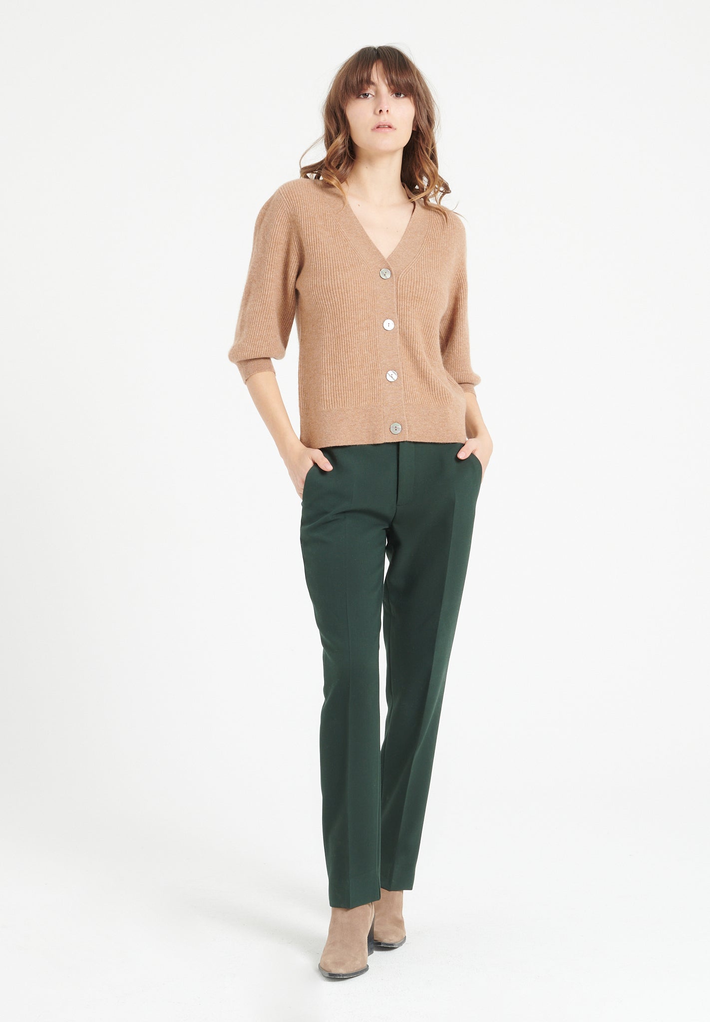 Pure Cashmere 2 ply Short Sleeve V-Neck Cardigan w/Ribbed Stitching (Mia 13)
