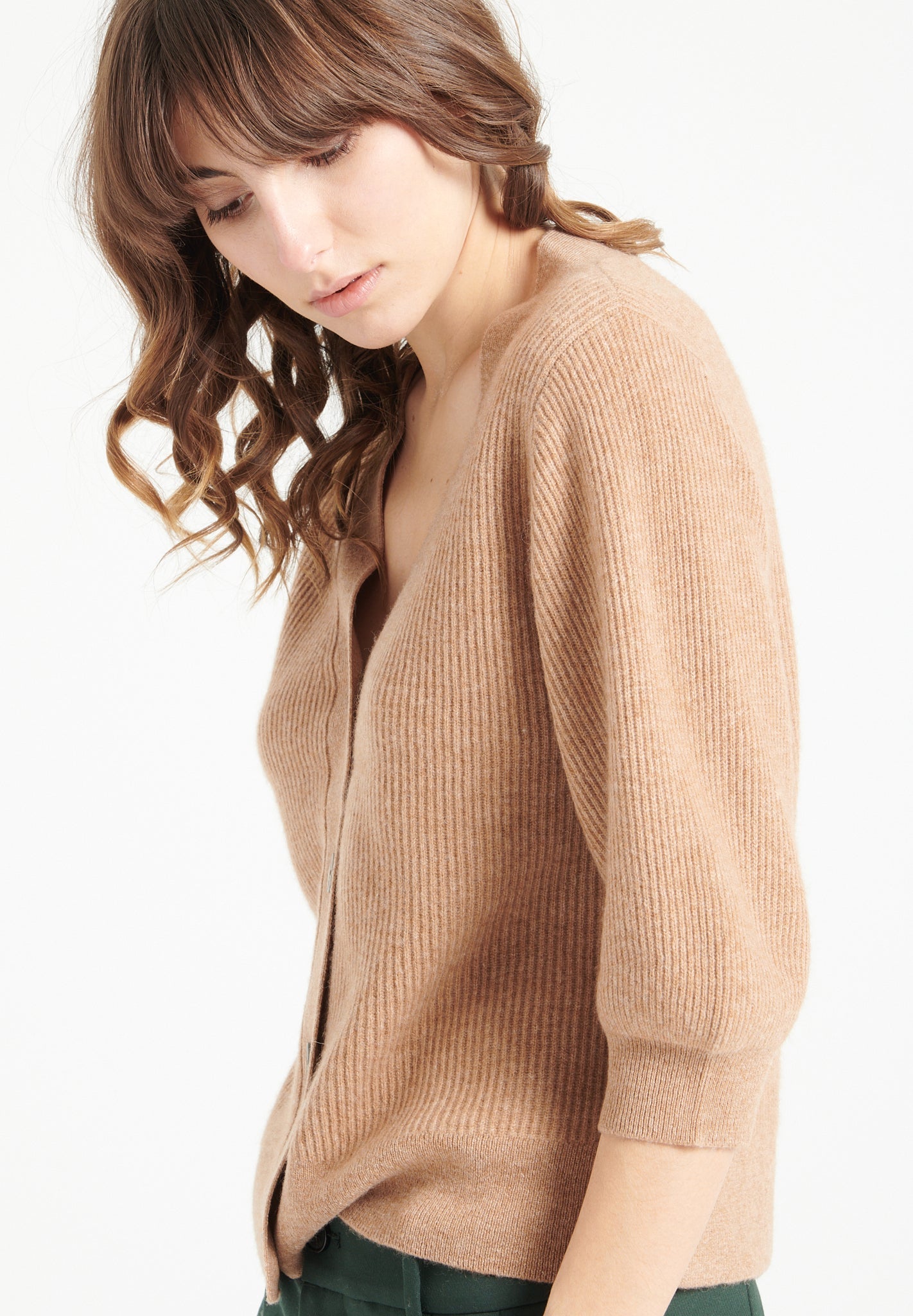 Pure Cashmere 2 ply Short Sleeve V-Neck Cardigan w/Ribbed Stitching (Mia 13)