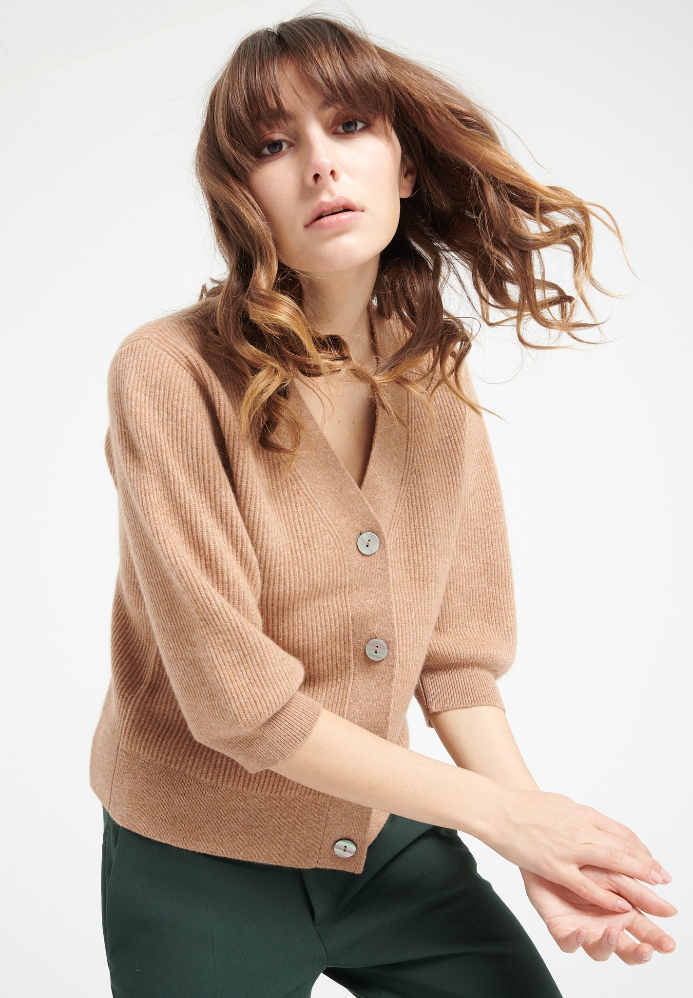 Pure Cashmere 2 ply Short Sleeve V-Neck Cardigan w/Ribbed Stitching (Mia 13)