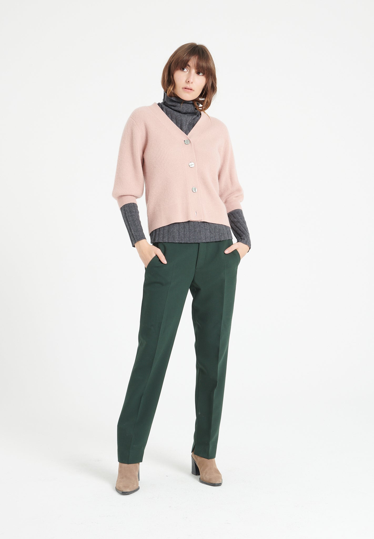 Pure Cashmere 2 ply Short Sleeve V-Neck Cardigan w/Ribbed Stitching (Mia 13)