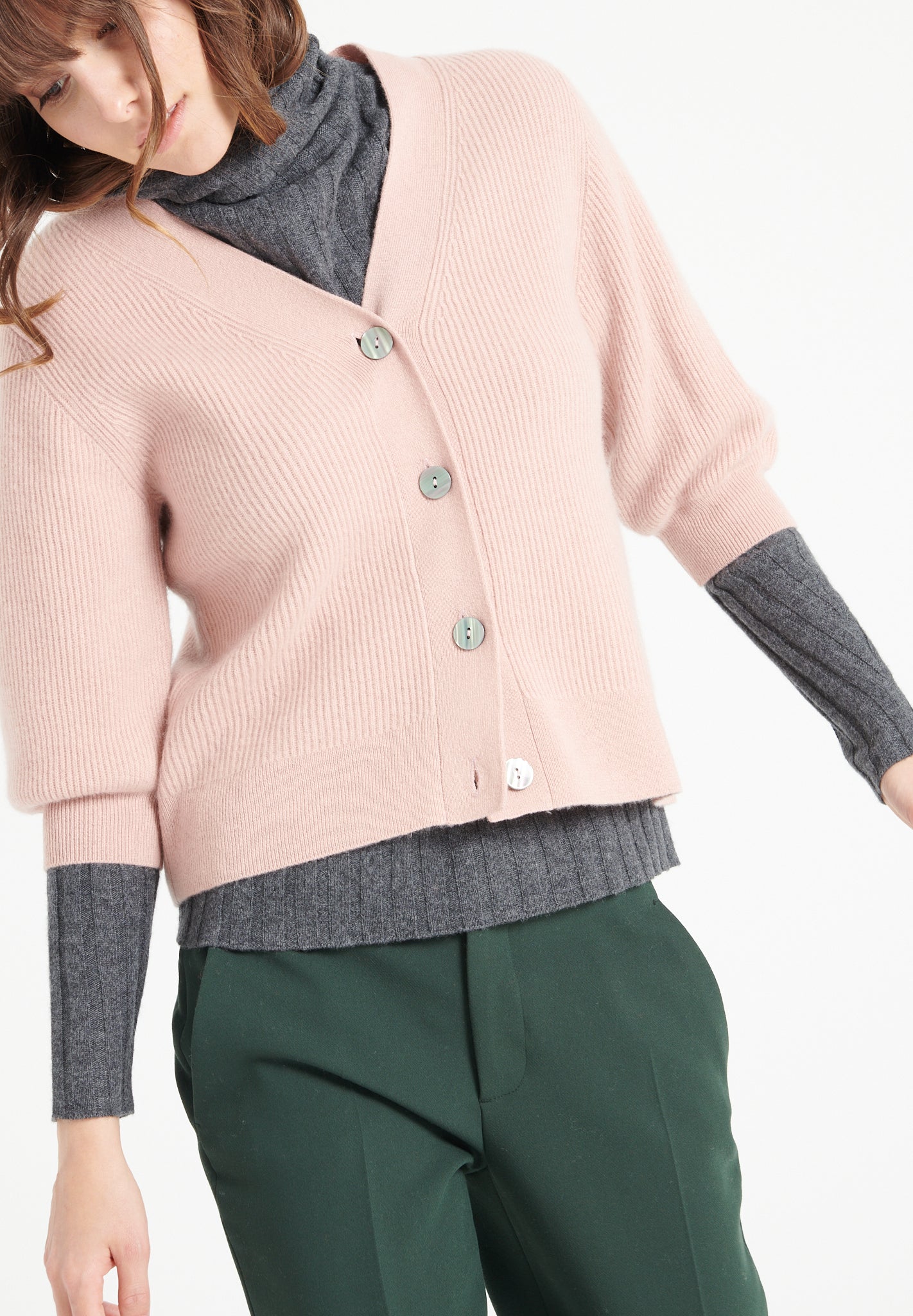 Pure Cashmere 2 ply Short Sleeve V-Neck Cardigan w/Ribbed Stitching (Mia 13)