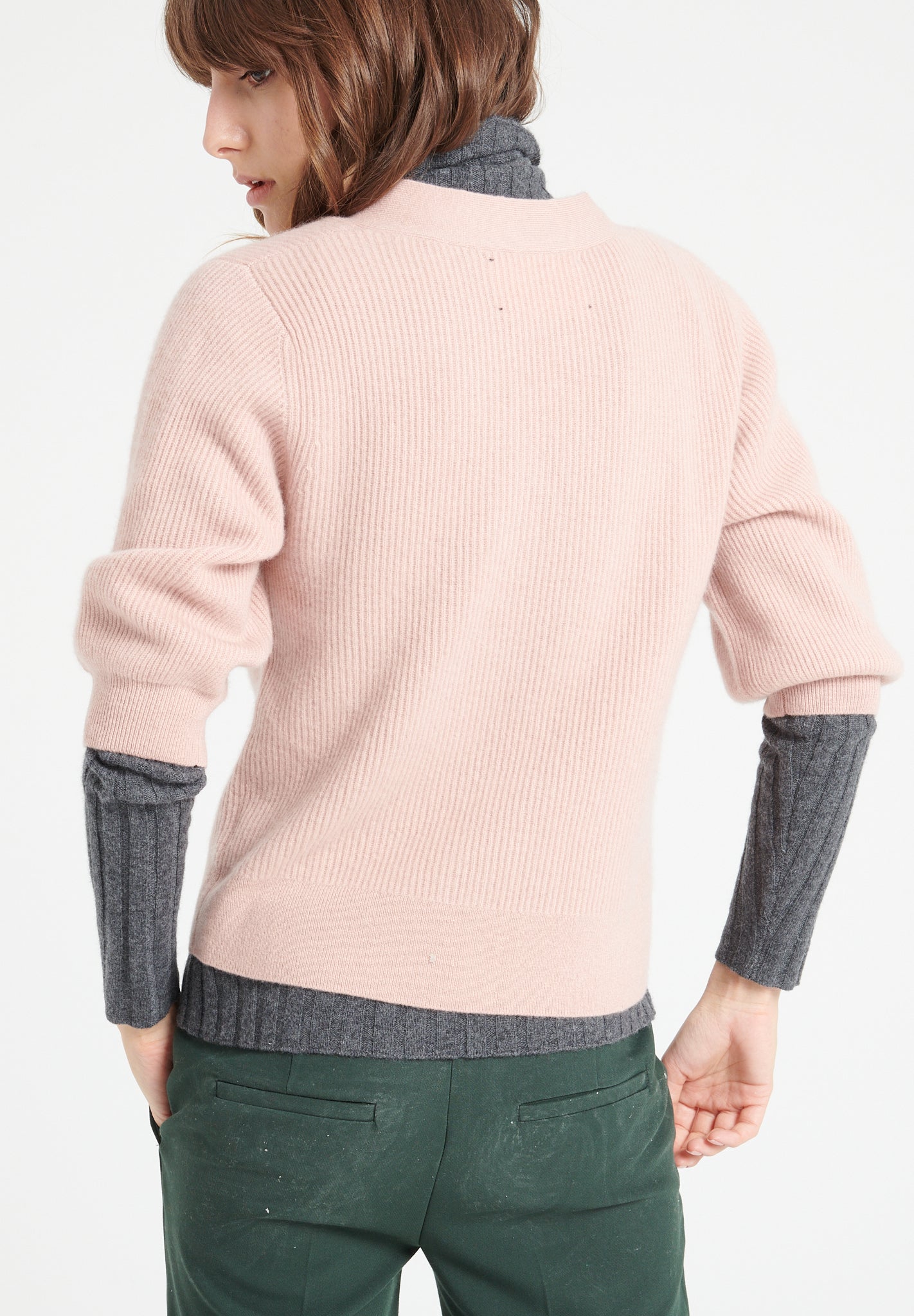 Pure Cashmere 2 ply Short Sleeve V-Neck Cardigan w/Ribbed Stitching (Mia 13)