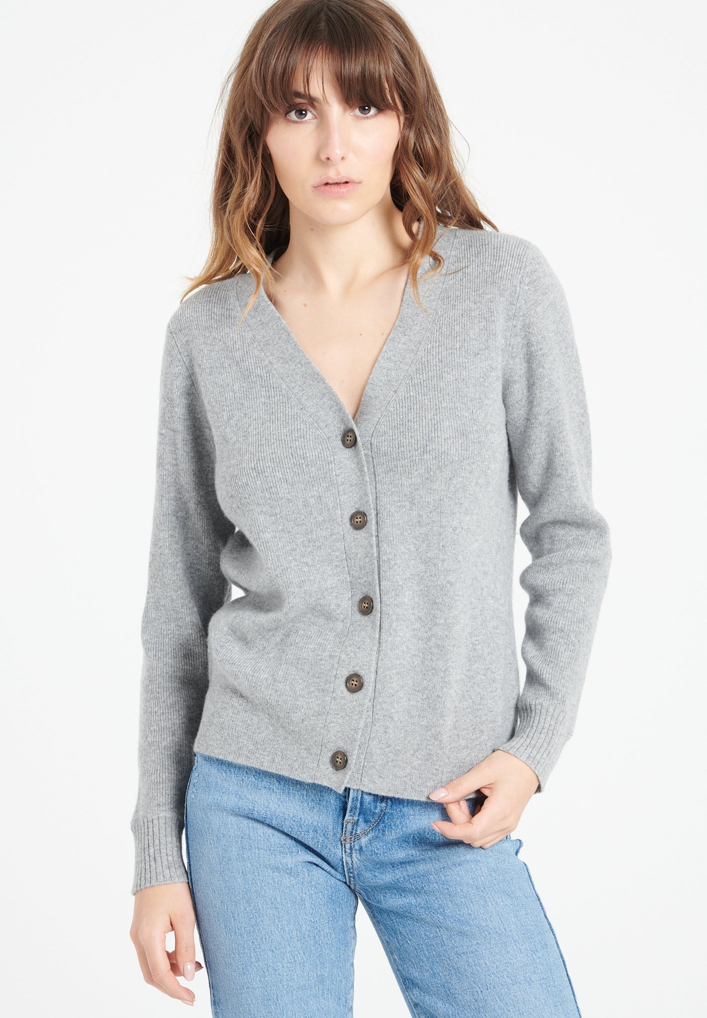 Pure Cashmere Ribbed V-Neck Cardigan (Mia 14)