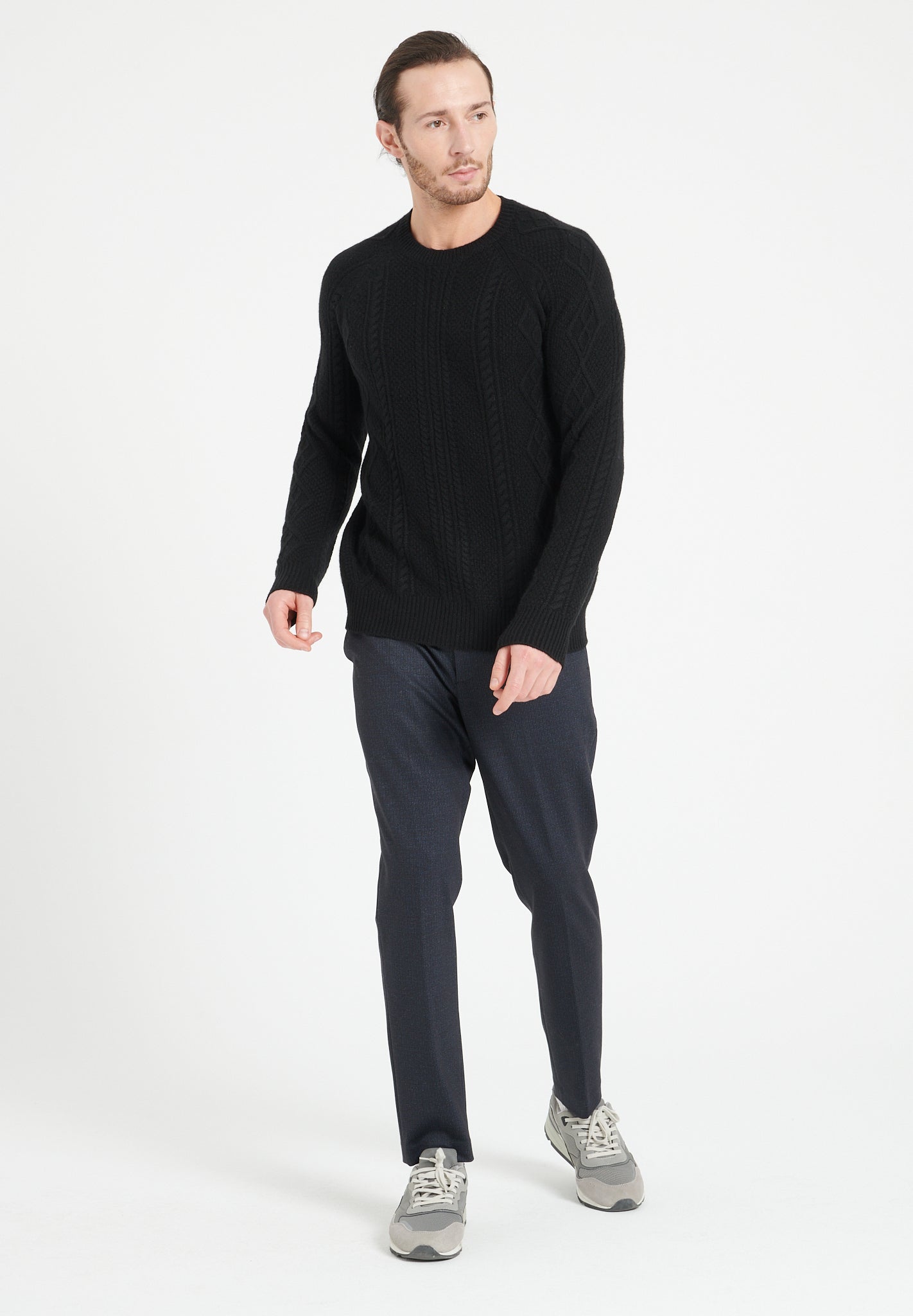 Pure Cashmere 6 ply Round Neck Sweater w/Cable Knit (Zach 1)