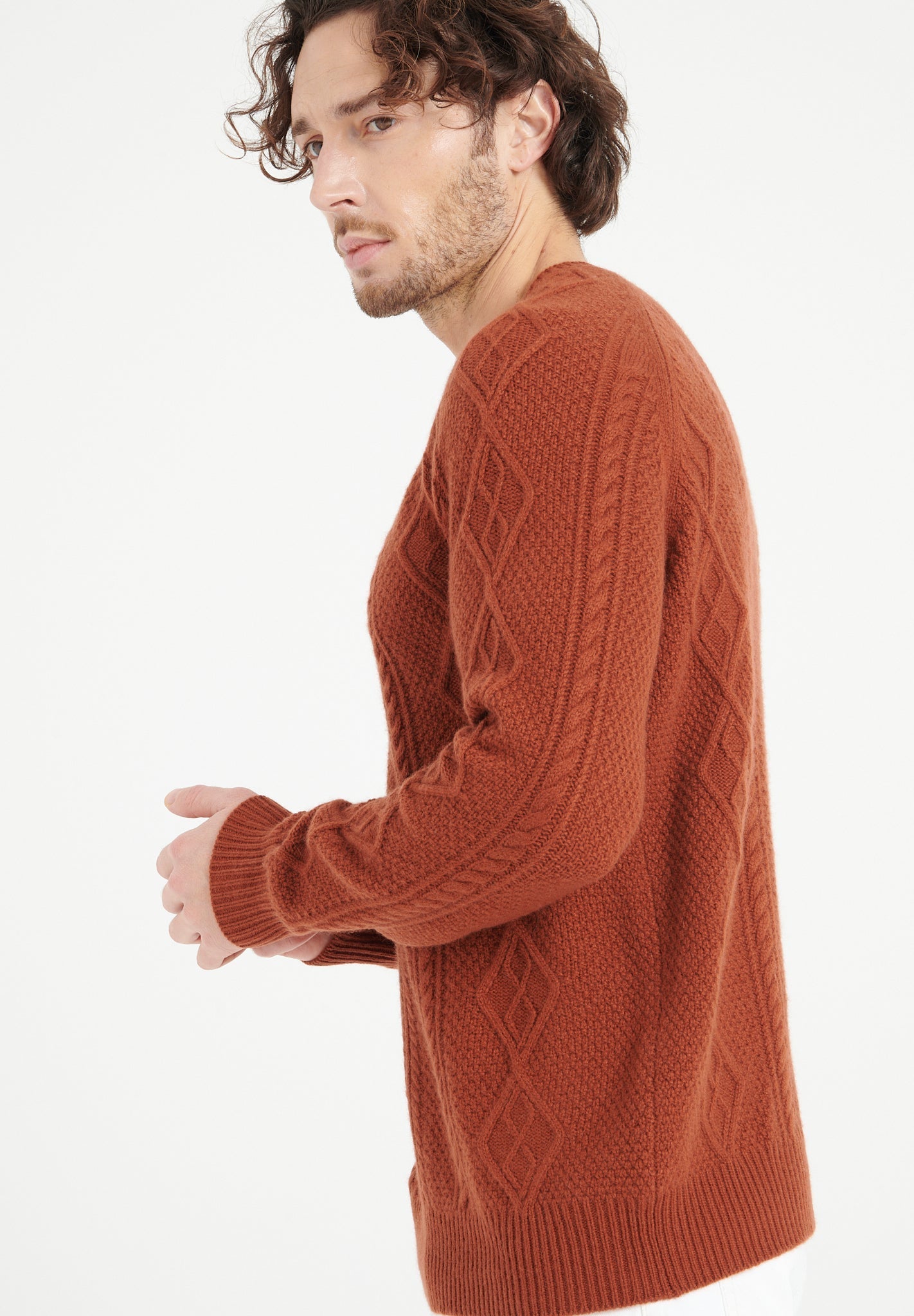 Pure Cashmere 6 ply Round Neck Sweater w/Cable Knit (Zach 1)