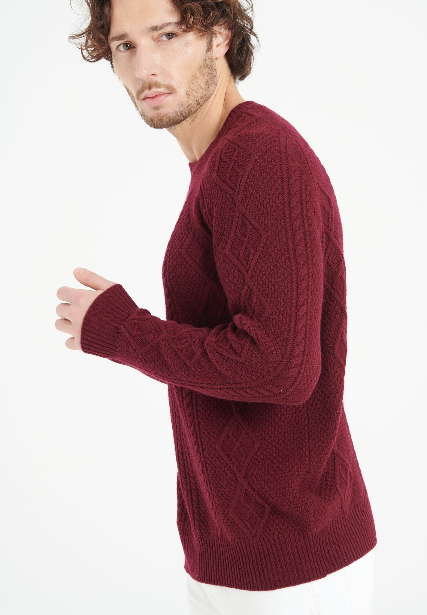 Pure Cashmere 6 ply Round Neck Sweater w/Cable Knit (Zach 1)