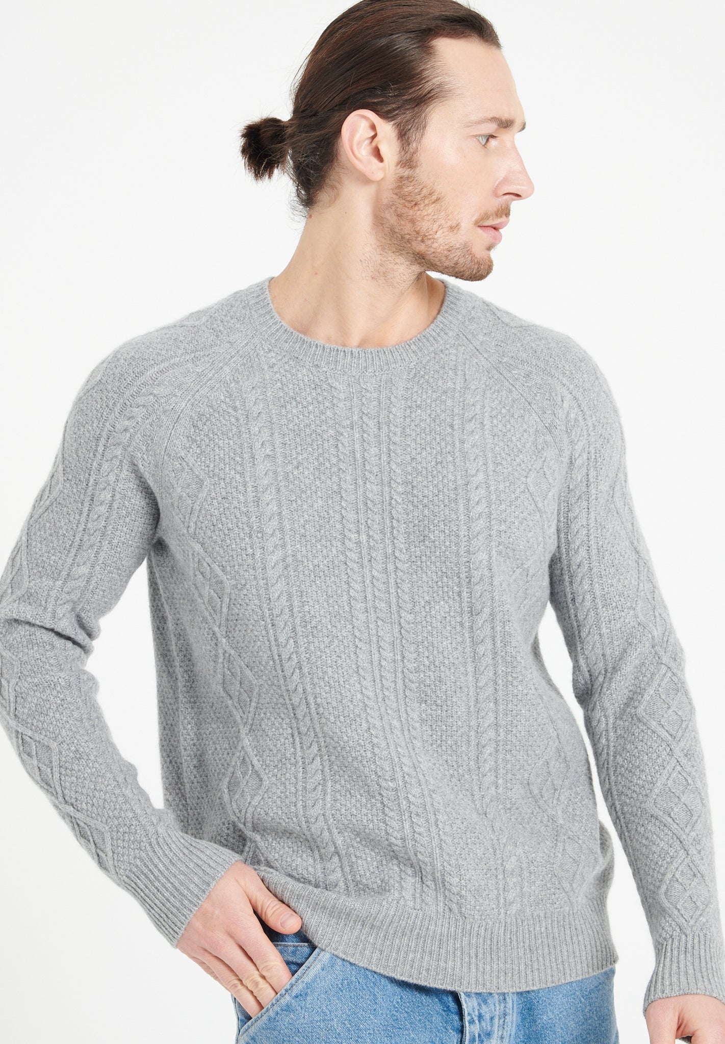 Pure Cashmere 6 ply Round Neck Sweater w/Cable Knit (Zach 1)