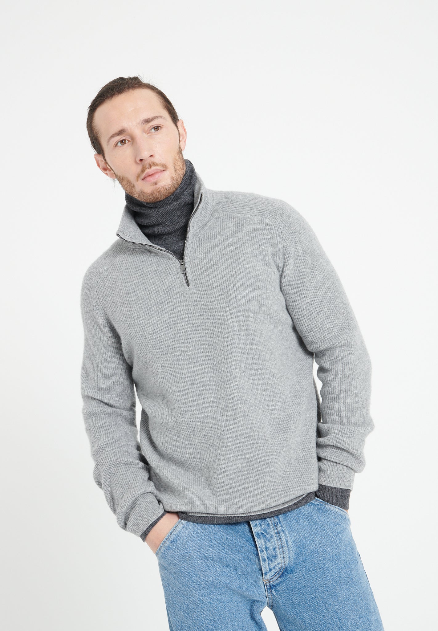 Pure Cashmere Funnel Neck Sweater w/Zip (Zach 2)