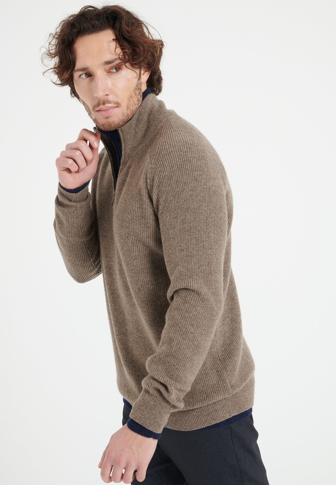 Pure Cashmere Funnel Neck Sweater w/Zip (Zach 2)