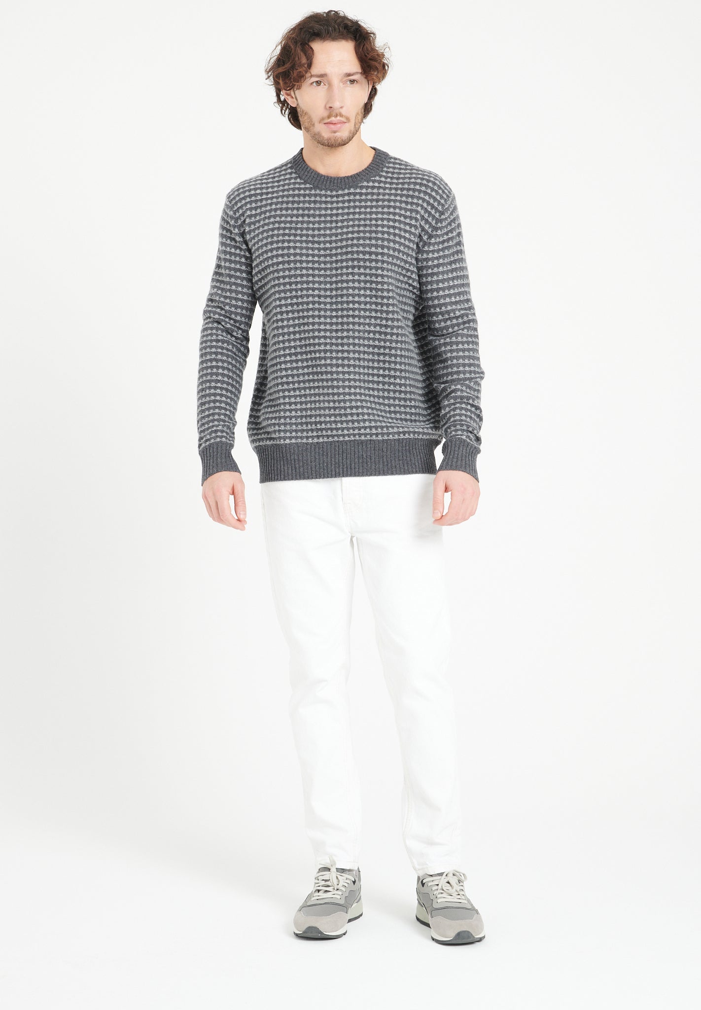 Pure Cashmere 4 ply Two Tone Round Neck Sweater w/Jacquard Pattern (Zach 3)