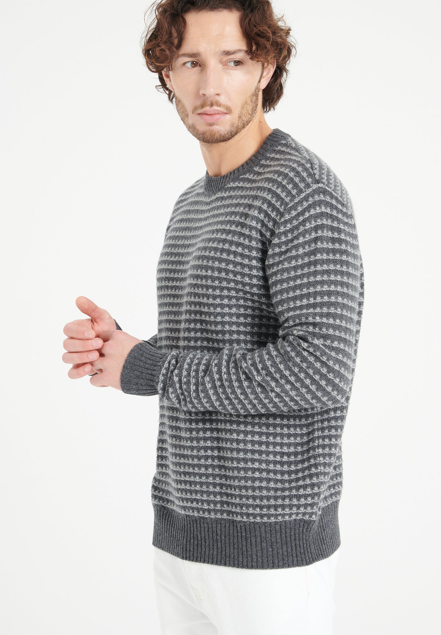 Pure Cashmere 4 ply Two Tone Round Neck Sweater w/Jacquard Pattern (Zach 3)