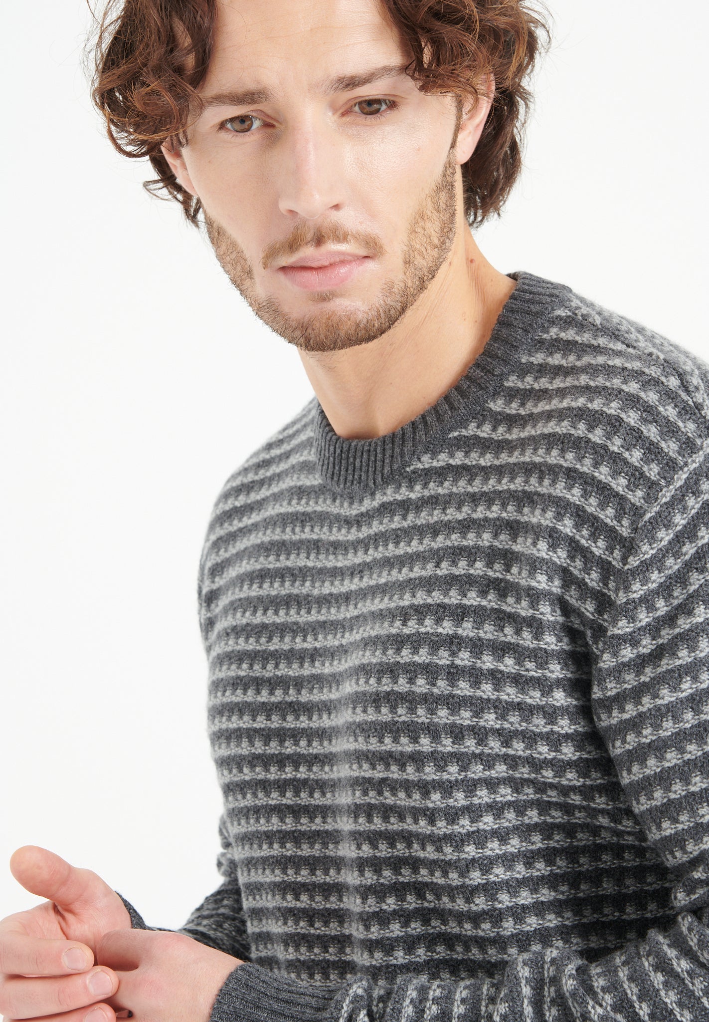 Pure Cashmere 4 ply Two Tone Round Neck Sweater w/Jacquard Pattern (Zach 3)