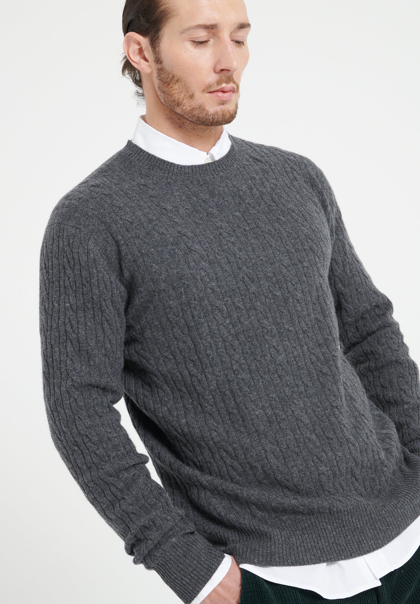 Pure Cashmere Cable Knit Round Neck Sweater (Zach 5)