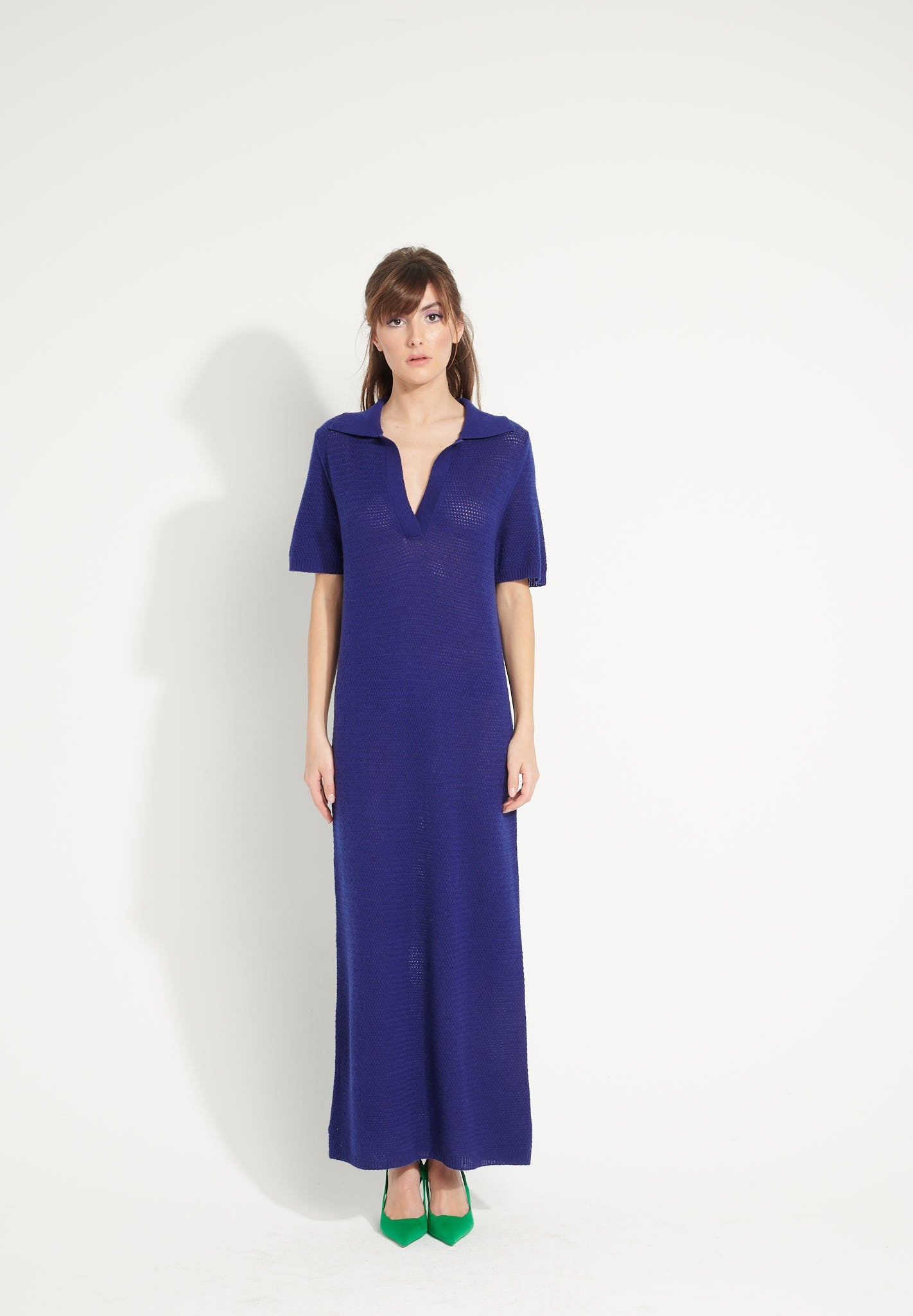 Pure Cashmere Polo Neck Long Dress w/ Pointelle Knit (Ava 18)