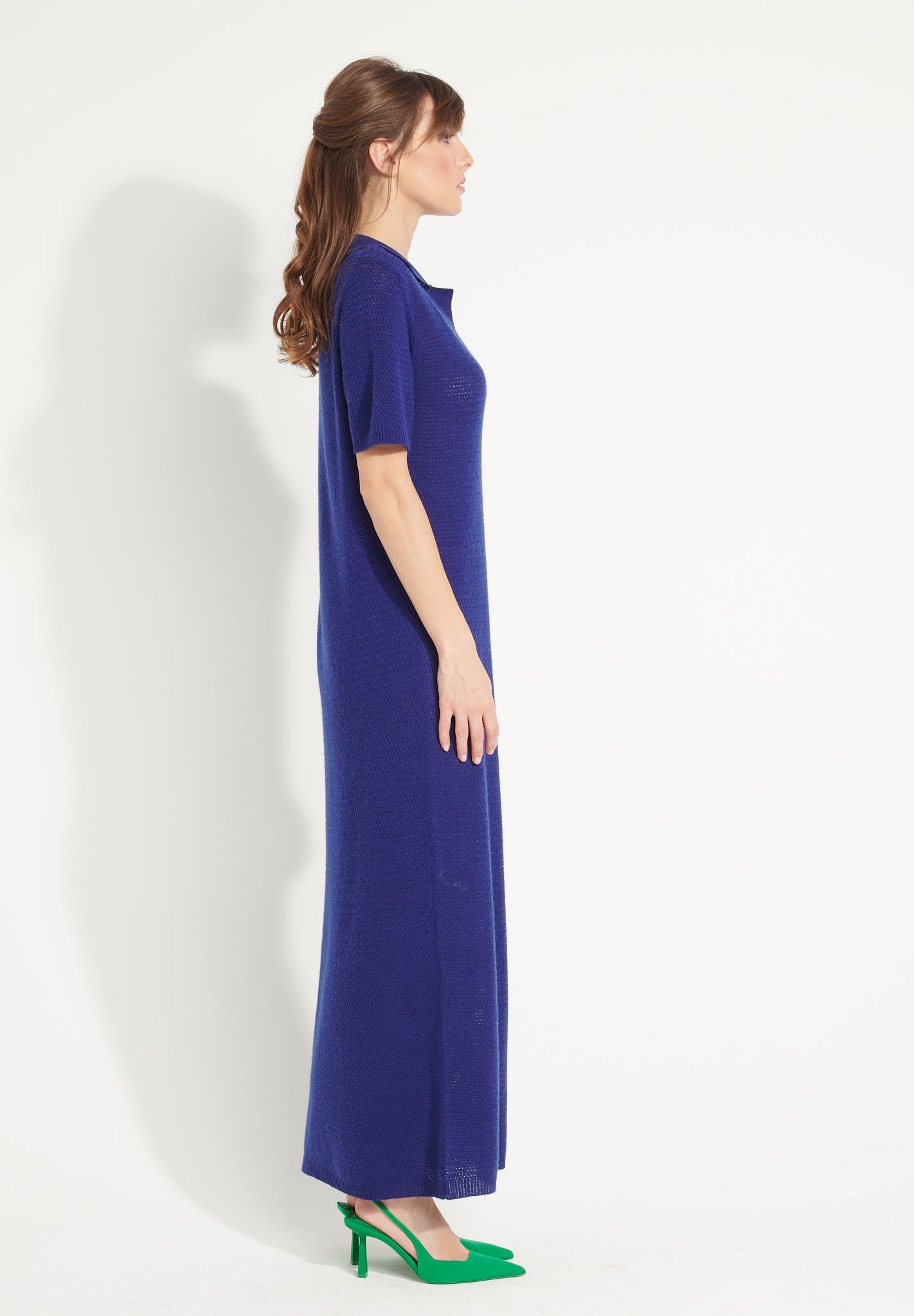 Pure Cashmere Polo Neck Long Dress w/ Pointelle Knit (Ava 18)