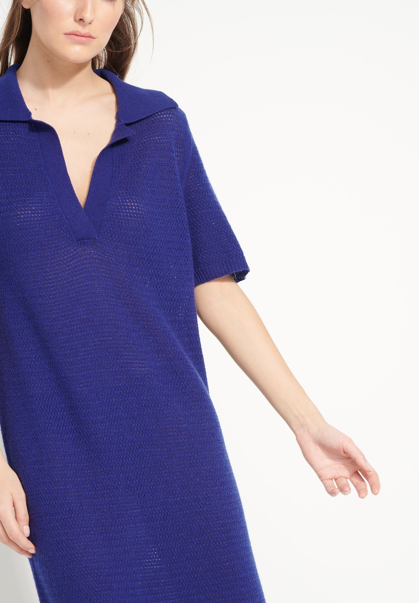 Pure Cashmere Polo Neck Long Dress w/ Pointelle Knit (Ava 18)