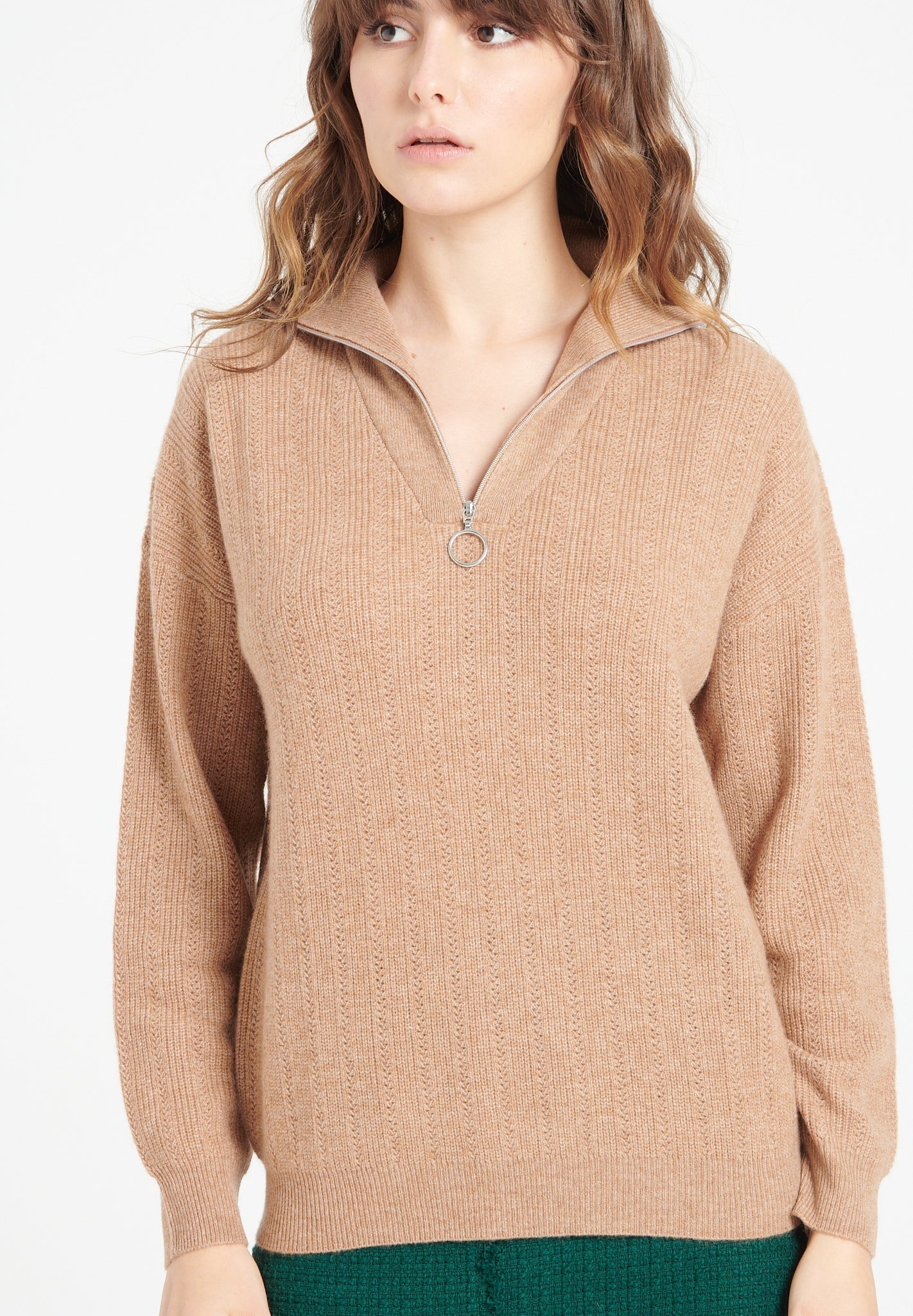Pure Cashmere Rib Knit Funnel Neck Sweater w/Zip (Lilly 28)